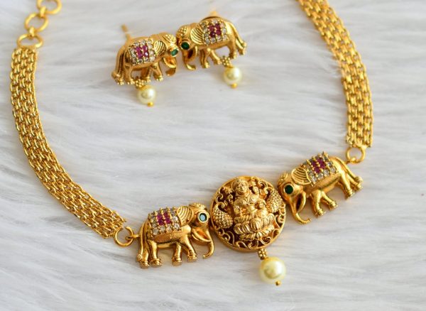 Gold Laxmi And Elephants Small Choker Necklace